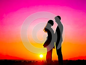 Silhouette of a couple in the sunset, hugging each other. Generative AI