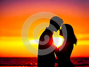 Silhouette of a couple in the sunset, hugging each other. Generative AI