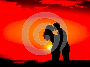 Silhouette of a couple in the sunset, hugging each other. Generative AI