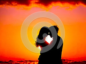 Silhouette of a couple in the sunset, hugging each other. Generative AI