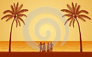 Silhouette couple surfer carrying surfboard on beach under sunset sky background in flat icon design