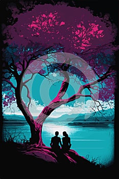 Silhouette Couple and tree, with beautiful night sky, Concept looking out to the outside world.