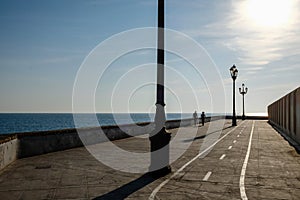 Silhouette of a couple walking along a seaside promenade at sunset