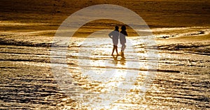 Silhouette of couple walking on beach in sunset