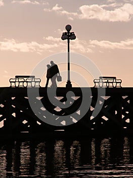 Silhouette of Couple Walking On Pier At Dusk
