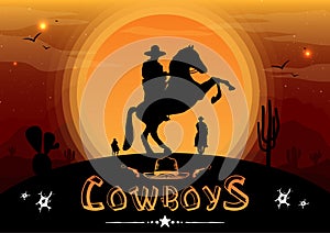 Silhouette of cowboy  Cowboys on horseback at sunset or dawn  Wild west sunset landscape  American Cowboy riding horses at sunset