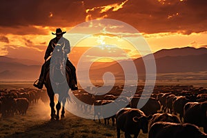 Silhouette of a cowboy during the distillation of the herd.