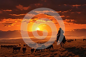 Silhouette of a cowboy during the herding of the herd.