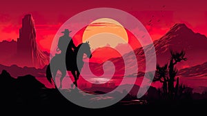 silhouette of cowboy man riding horse at sunset in desert canyon of arizona, in style of orange and red