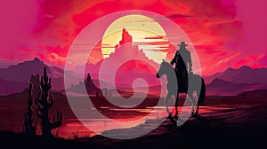 silhouette of cowboy man riding horse at sunset in desert canyon of arizona, in style of orange and red