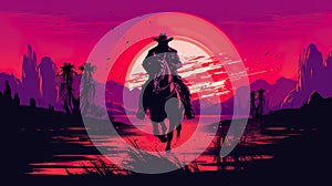 silhouette of cowboy man riding horse at sunset in desert canyon of arizona, in style of orange and red