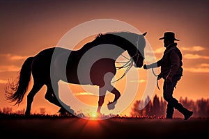 Silhouette of a cowboy near his horse, stand side by side at sunset. AI generated