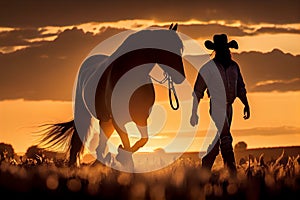 Silhouette of a cowboy near his horse, stand side by side at sunset. AI generated