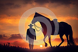 Silhouette of a cowboy near his horse, stand side by side at sunset. AI generated