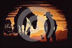 Silhouette of a cowboy near his horse, stand side by side at sunset. AI generated