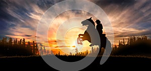 Silhouette of cowboy rearing his horse at sunset