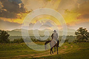 Silhouette Cowboy riding horse under beautiful sunset
