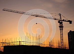 Silhouette crane in building construction site on sunset background