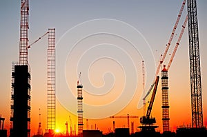 Silhouette Crane at Sunset on Construction Site. Generative Ai