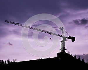 Silhouette of cranes on sunset sky background