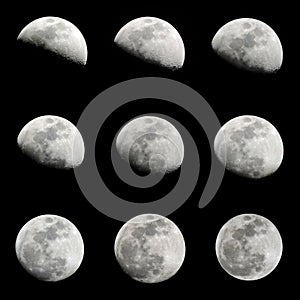 Silhouette of 9 crescent moon isolated on black background