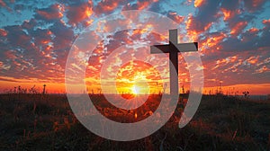 Silhouette of a cross with the rising sun painting the sky in vibrant hues. Easter morning. Wooden cross in a field at