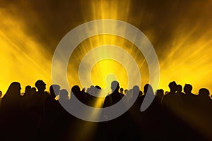 silhouette of crowd in front of stage lights at a music festival, Concert crowd shadows against vibrant yellow stage lights, AI