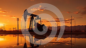 Silhouette of Crude oil pumpjack rig on desert silhouette in evening sunset, energy industrial machine for petroleum gas