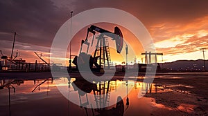 Silhouette of Crude oil pumpjack rig on desert silhouette in evening sunset, energy industrial machine for petroleum gas