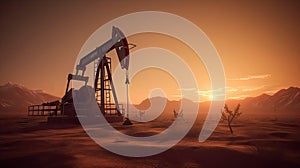 Silhouette of Crude oil pumpjack rig on desert silhouette in evening sunset, energy industrial machine for petroleum gas