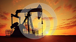 Silhouette of Crude oil pumpjack rig on desert silhouette in evening sunset, energy industrial machine for petroleum gas