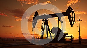 Silhouette of Crude oil pumpjack rig on desert silhouette in evening sunset, energy industrial machine for petroleum gas