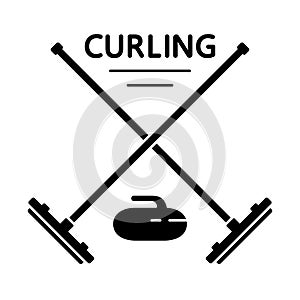 Silhouette Curling poster. Two crossed brooms, stone and text. Outline  icons of winter sport game. Black illustration for t-shirt