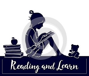 Silhouette cute little girl reading book read and learn sign