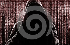 Silhouette of cyber criminal against background with digital symbols