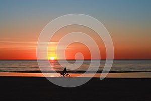 Silhouette of a cyclist on the beach at sunset