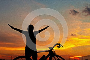 Silhouette of a cyclist male with clipping path riding a road bike at sunset with oil painting style background, Sportsman in race photo