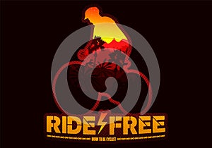 Silhouette of a cyclist man with a mountain hot colors evening landspace inside and a ride free, born to be cyclist legend photo