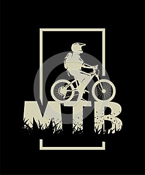Silhouette of a cyclist on and the MTB letters on a dark background. Vector illustration.