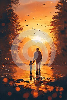 Silhouette of dad and child walking together in sunset. Father\'s Day. Happy family, love and care