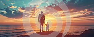 Silhouette of dad and child walking together in sunset. Father\'s Day. Happy family, love and care