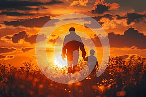 Silhouette of dad and child walking together in sunset. Father\'s Day. Happy family, love and care