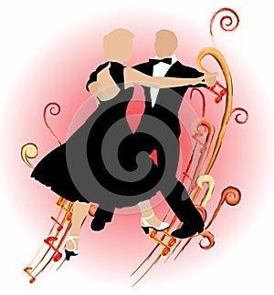 Silhouette of a dancing couple in dark suits on a decorative background of musical notes