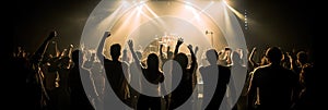 silhouette of a dancing crowd in front of a concert stage