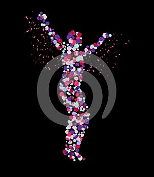 The silhouette of the dancing man created from multi-colored spots