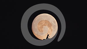 Silhouette of dancing woman at huge moon background at night.