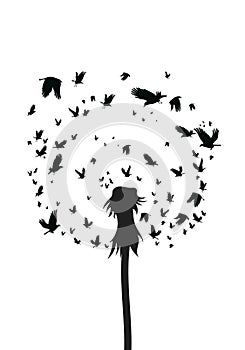 Silhouette of a dandelion with flying seeds. Black contour of a dandelion. Black and white illustration of a flower