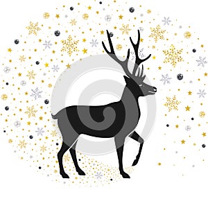 Silhouette of a Deer on a Background of Gold and Silver Stars