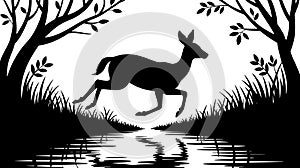 Silhouette of a Deer Leaping Over a Stream in a Forest