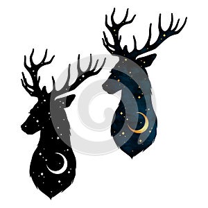 Silhouette of Deer magic animal with night sky with crescent moon gothic tattoo design isolated vector illustration